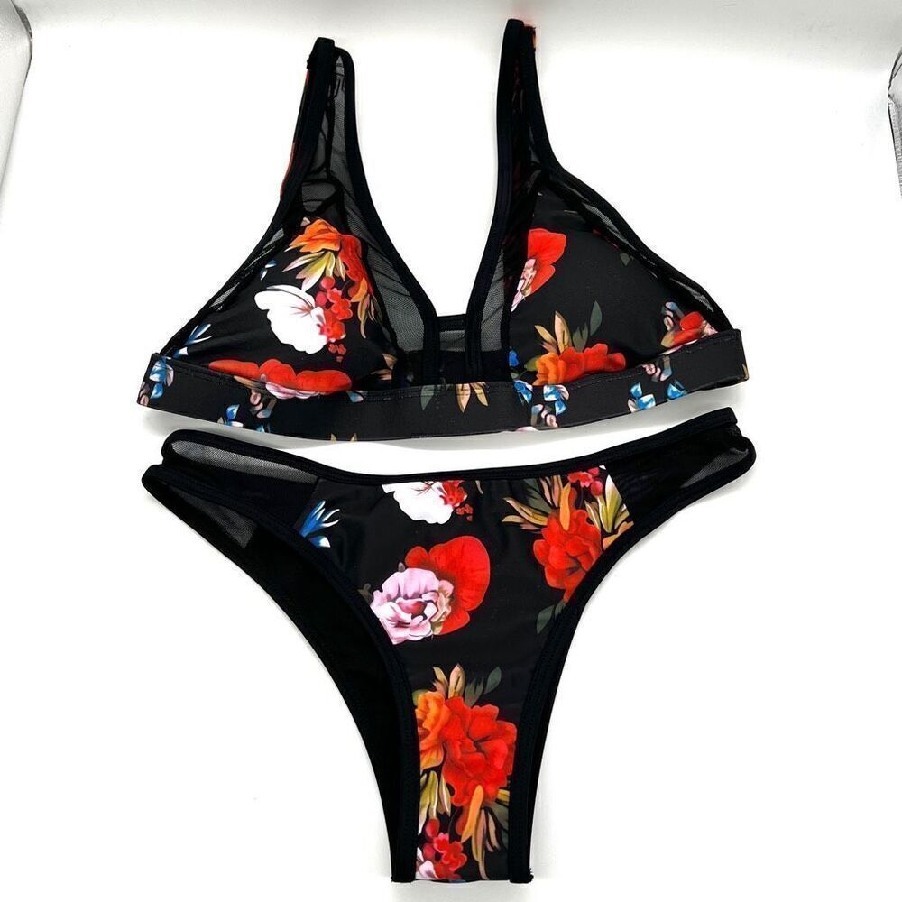 Black and Red Floral Bikini with Mesh Accents Size Medium Unbranded
